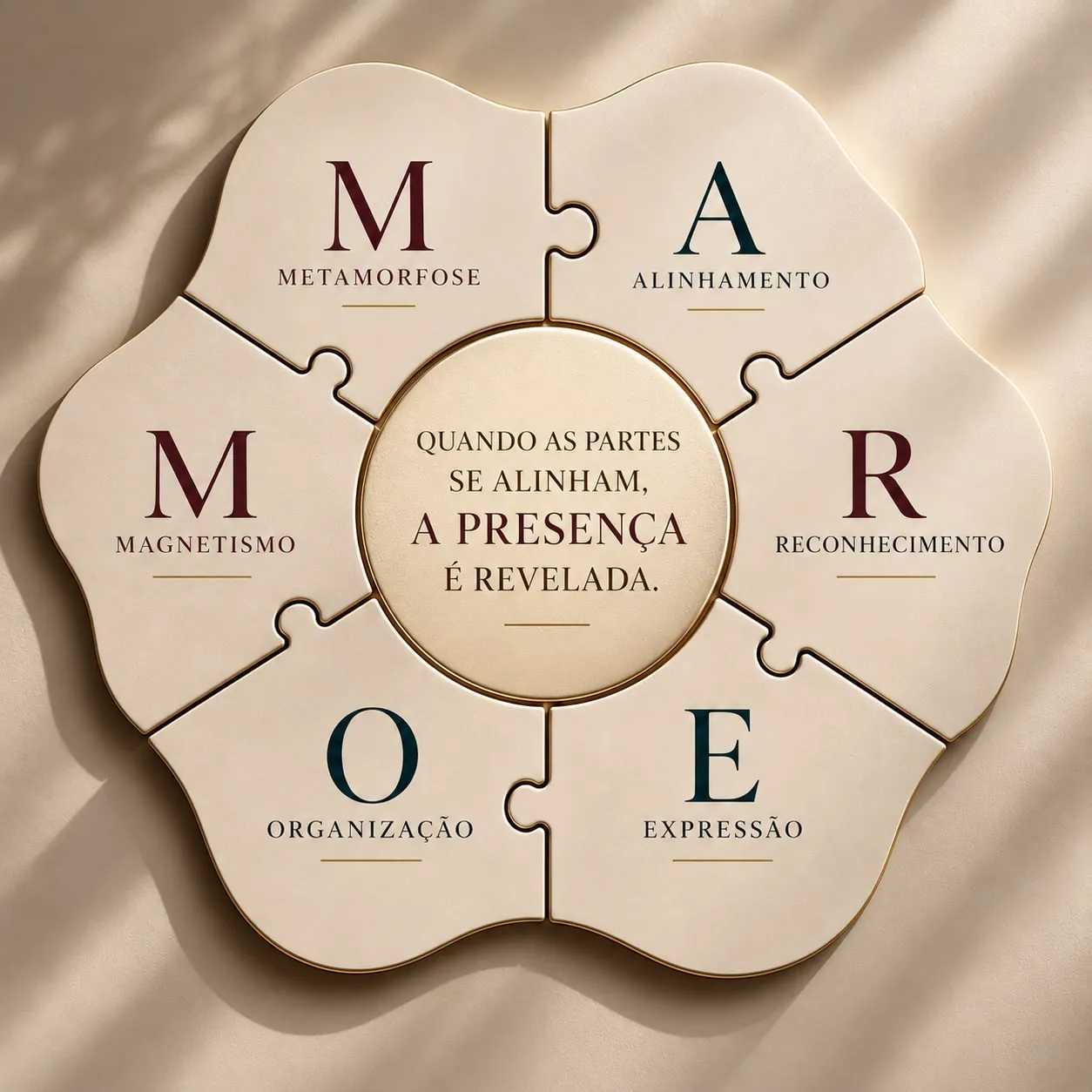 Método M.A.R.E.O.M — seis peças que se encaixam: Metamorfose, Alinhamento, Reconhecimento, Expressão, Organização e Magnetismo. No centro: quando as partes se alinham, a presença é revelada