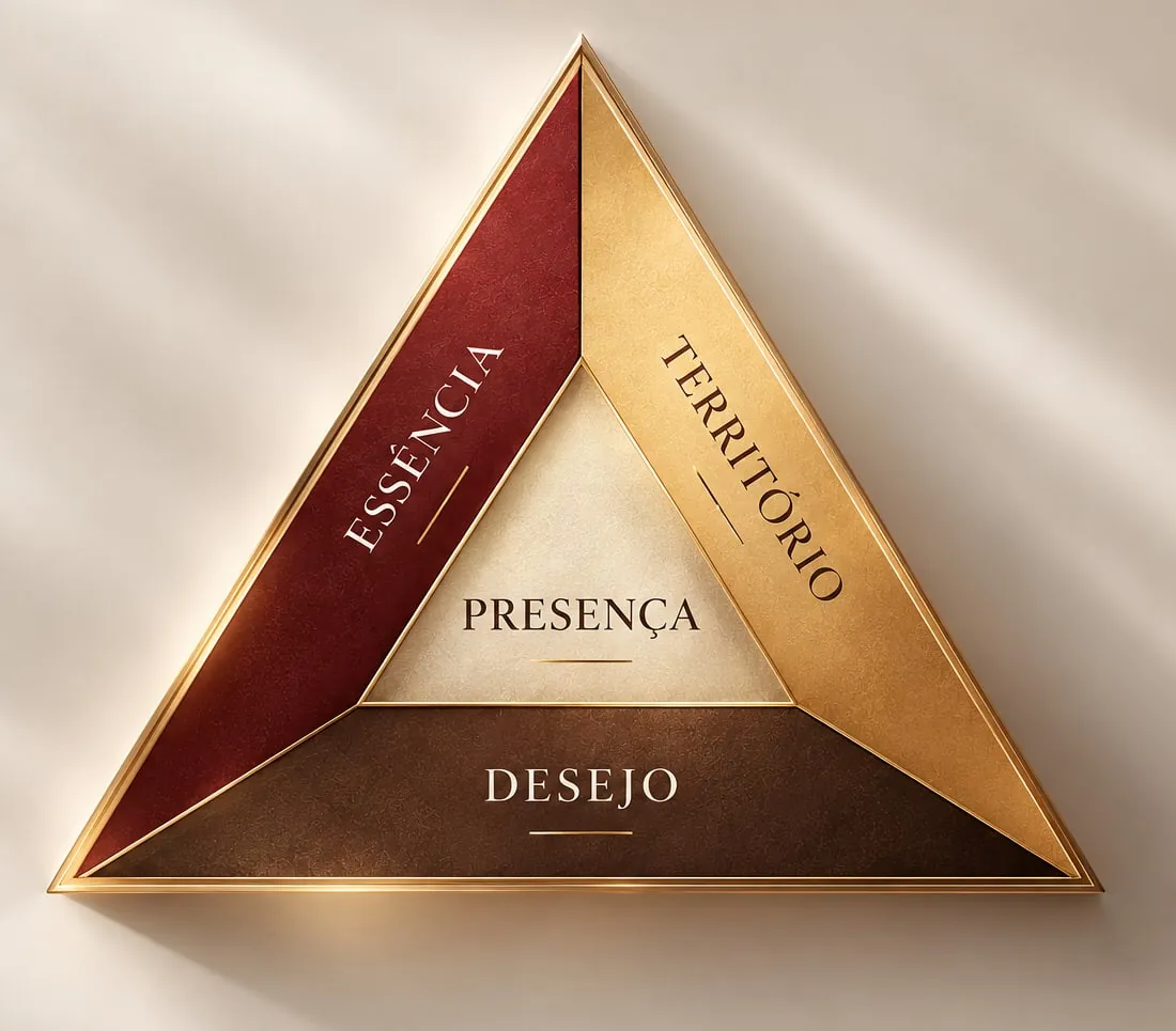 Triângulo dourado com as três dimensões da presença: essência, território e desejo